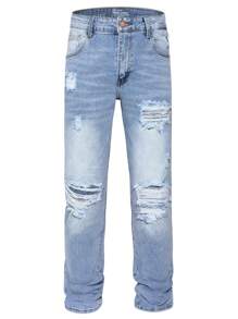 Men's Stretch Regular Fit Straight-Leg Ripped Cotton Fashion Comfort Flex Waist Denim Pants Jeans - 中等水洗藍 - 查看 1