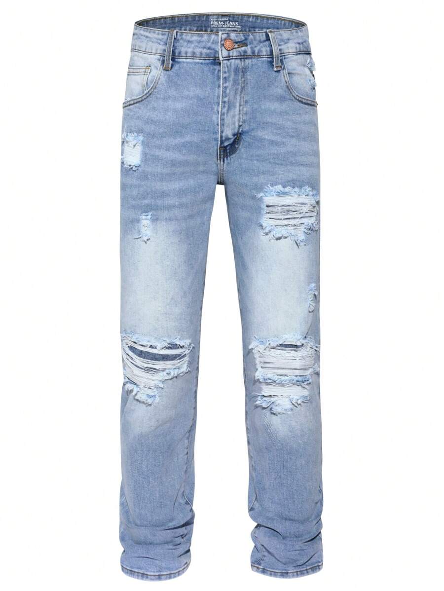 Men's Stretch Regular Fit Straight-Leg Ripped Cotton Fashion Comfort Flex Waist Denim Pants Jeans - 中等水洗藍 - 查看 1
