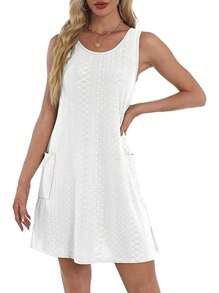 Summer Dresses For Women 2025 Eyelet Casual Loose Sleeveless Sundresses Tank Dresses With Pockets Beach Dress - 白色 - 查看 3