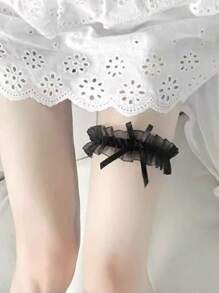 Liguero de encaje con moño y ajuste de cinta en la pierna, accesorios de lencería sexy para la novia de boda - Negro - Ver 7