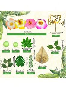 25Pcs Boho Theme Flower Cake Toppers, Artificial Flower Palm Leaf Toppers For Flower Party Cake, Hawaiian Style Theme Cake Toppers, Light Green Foam Ball Cake Toppers, Happy Birthday Cake Inserts - Multicolor - View 6