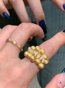 Vintage French Textured Luxurious Cubic Zirconia 18K Gold Plated Adjustable Women Ring