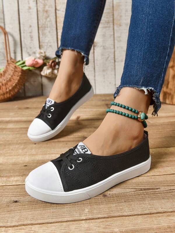 Women's White Casual Canvas Slip-On Sneakers With Lace Decor, Round Toe, Flat Sole, Spring/Autumn