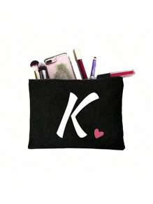 Initials Printed Patchwork Makeup Bag, Black Small Bag, Letters A-Z,Cosmetic Bag,Portable Wash Bag Make Up Bag - Black - View 18