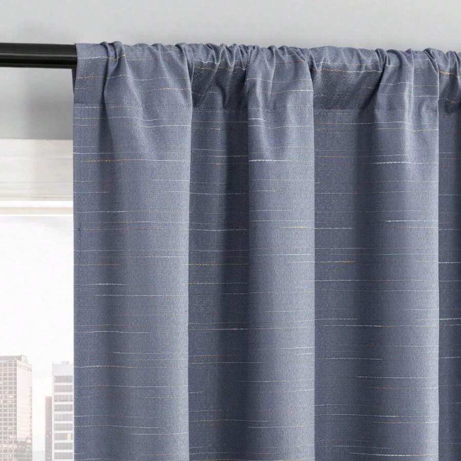 Sylvan Slub Stripe Thermal Blackout Rod Pocket Curtain Panel, 40"X84", Denim
