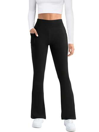 1 件女式加大码喇叭运动裤，时尚高腰塑身瑜伽紧身裤，修身休闲裤，带口袋