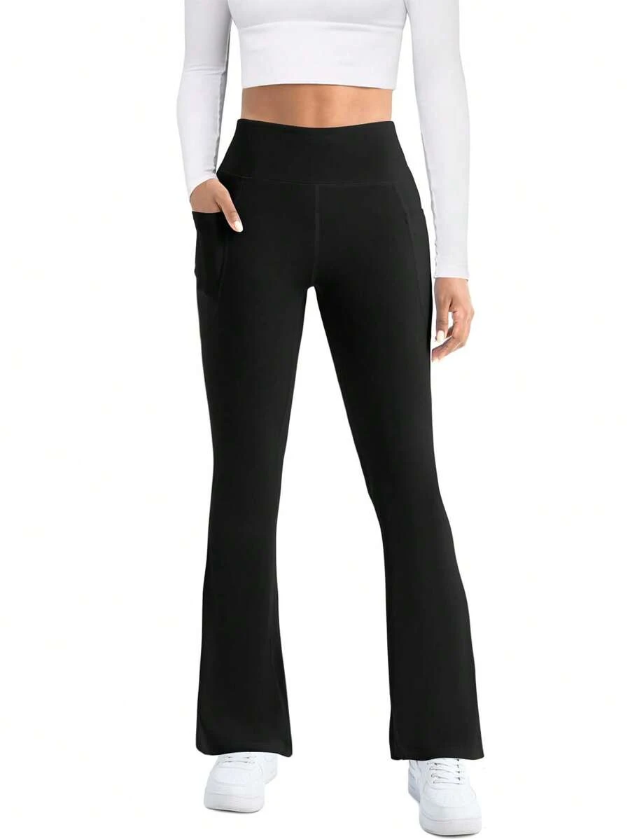 1pc Women Plus Size Flare Sports Pants, Fashionable High Waist Shaping Yoga Leggings, Slimming Fitted Casual Pants With Pockets