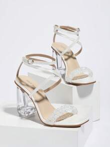 Sandalias de moda para mujer con tacones gruesos de cristal transparente y puntera abierta, de slip-on, con acabado metálico brillante, tacones altos, estilosas para fiesta y uso al aire libre, de estilo universal