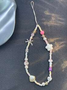 Colorful Beaded Lanyard With Heart & Flower Charm For Women, Short Wrist Phone Strap