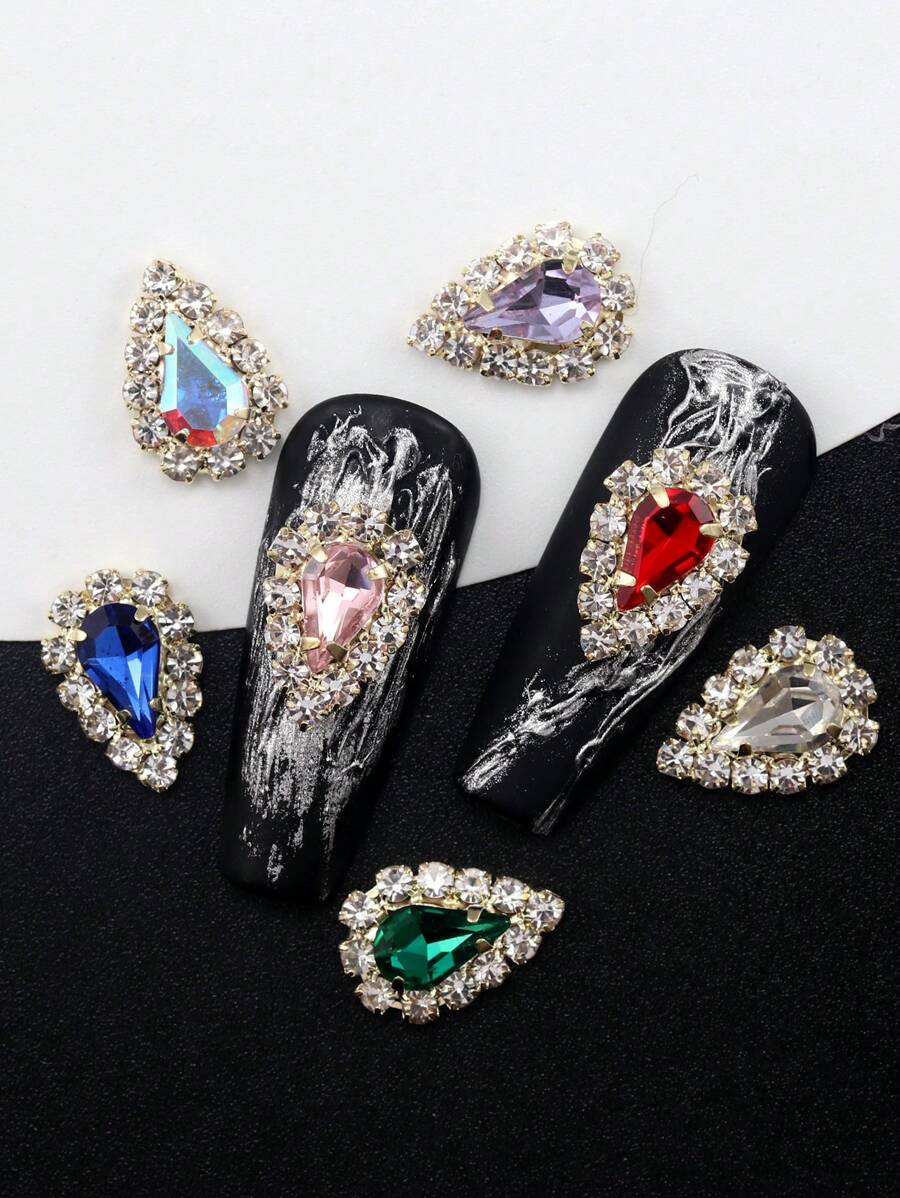 10 件装 K-Pop 风格美甲水钻首饰，金色和银色闪亮水滴指甲装饰配件带托盘，25 种颜色 - 彩色 - 查看 1