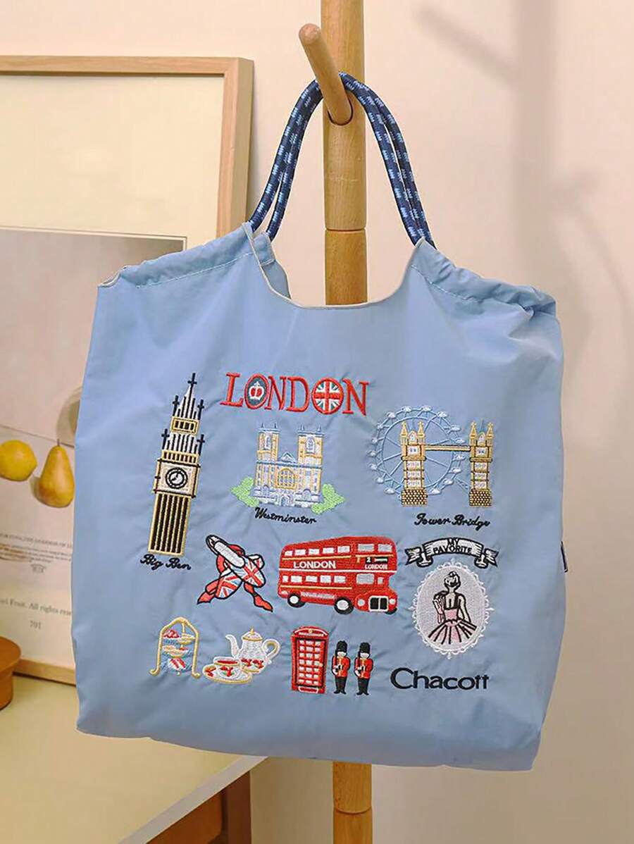 1 件新款休闲伦敦城刺绣大容量轻质尼龙手提包，适合通勤、购物、派对、手提和单肩