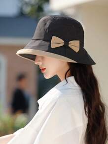 1 pieza Sombrero de cubo de mujer para primavera y verano, diseño elegante y versátil con lazo, protección solar de ala ancha, apto para salir, ir de compras, viajar