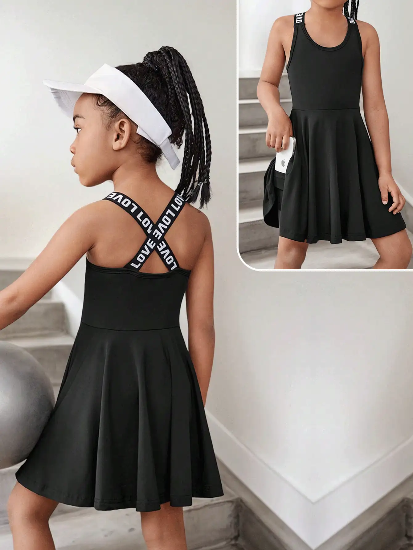 1 件儿童女童针织运动裙，带字母印花，露背交叉设计，吸湿排汗，透气，适合瑜伽、体操、网球、舞蹈