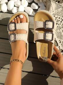 Sandalias de cuña con suela gruesa para mujer - Decoración tejida a mano, Rhinestones brillantes, Diseño geométrico, Tira cruzada de punta abierta, Tacón grueso cómodo, Slip-on casual y de moda, Adecuado para vacaciones, playa o uso diario, Material tejido beige, Sandalias para damas