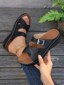 Ladies Summer New Black Platform Thick Sole Sandals, Criss-Cross Strap, Metal Buckle, Hollow-Out, Breathable Mesh Uppers, Comfortable & Sexy, Casual Vacation Fashion Versatile Sandals. High Quality Leather, Retro European & American Style Sexy Multi-Color Criss-Cross Strap Peep Toe Platform Thick Bottom Sandals, Lightweight Slip-On, Enhanced Stitching Craftsmanship, Casual Vacation Beach Sandals For Women