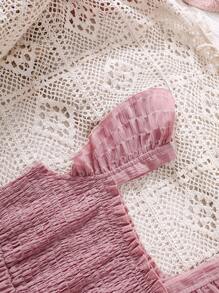 青少年女孩纹理面料方领盖袖腰部收腰休闲度假长裙，春夏 - 紫色 - 查看 4