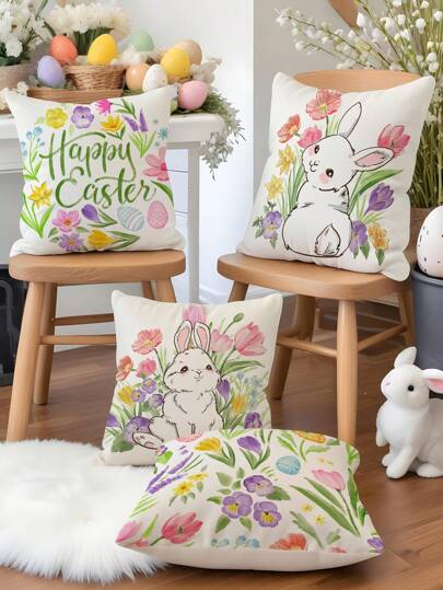 1pc/4pcs Primavera Páscoa Coelho Flor Ovo Letra Poliéster Impresso Fronha, 45x45cm, Decoração de Quarto, Decoração de Quarto, Decoração de Sofá (Sem Encarte de Almofada)