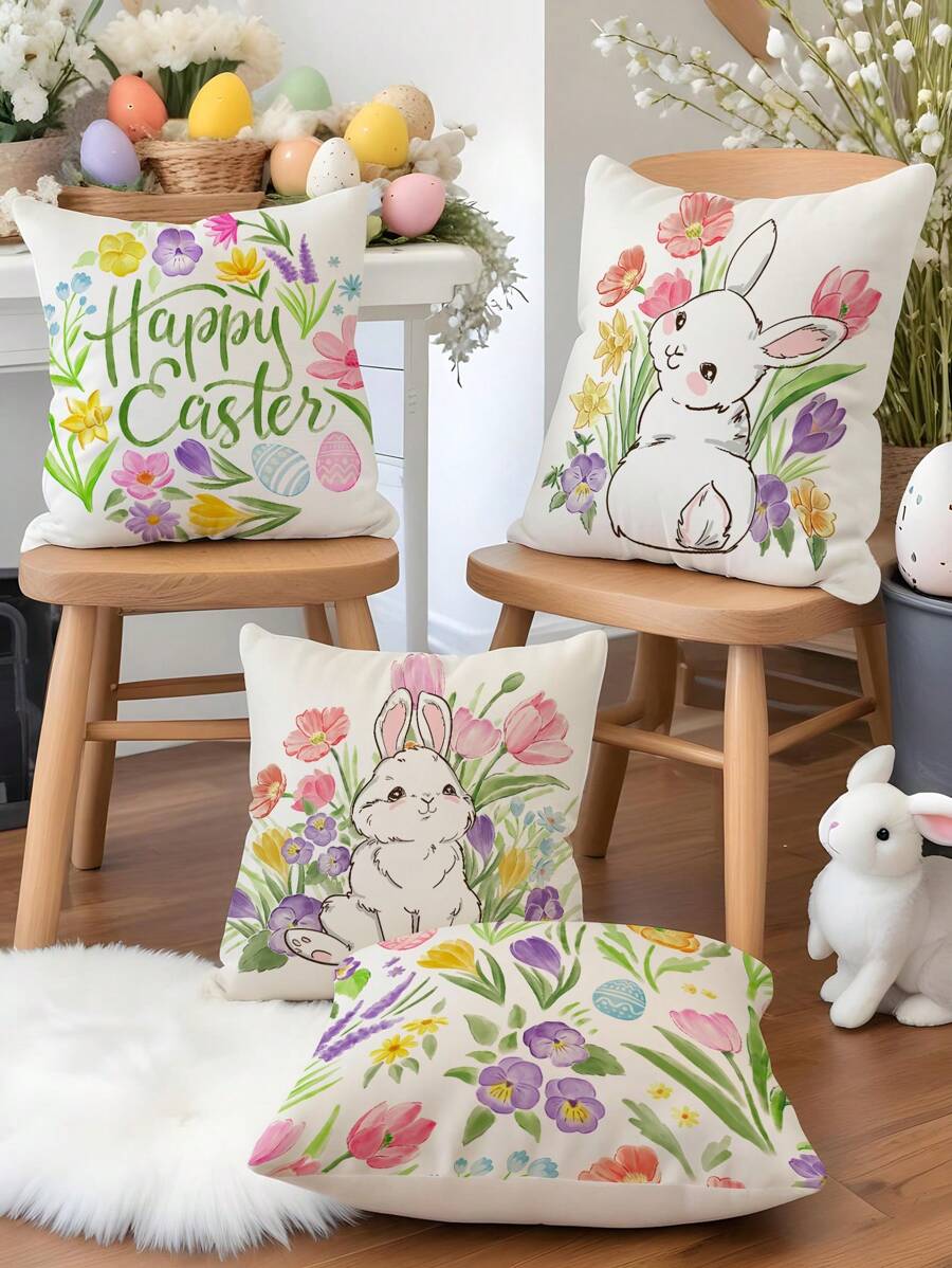 1pc/4pcs Spring Easter Rabbit Flower Egg Letter Polyester Printed Pillow Cover, 45x45cm, Room Decor, Bedroom Decor, Sofa Decor (Without Pillow Insert) - Multicolor - View 1