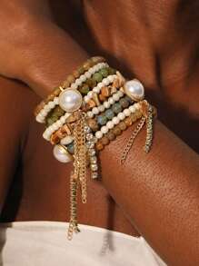 1pc Stacking Faux Pearl Beaded Bohemian Cactus Pendant Bracelet, Suitable For Ladies, Valentine's Day Gift Valentines,Mom,Mother,Mother's Day,Gift - Gold - View 6