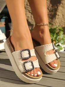 Sandalias de cuña con suela gruesa para mujer - Decoración tejida a mano, Rhinestones brillantes, Diseño geométrico, Tira cruzada de punta abierta, Tacón grueso cómodo, Slip-on casual y de moda, Adecuado para vacaciones, playa o uso diario, Material tejido beige, Sandalias para damas