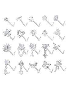 20pcs/20G Stainless Steel L-Shaped Stud Earrings With CZ Butterfly, Star, Moon, Heart And Flower Pendant, Suitable For Daily Wear And Gifts, Pink/White/Blue - Blue - View 2