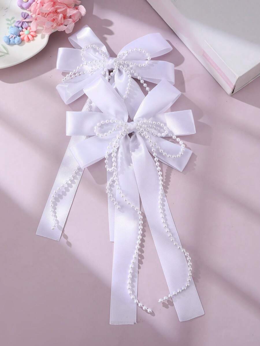 2 piezas/6 piezas Pinzas para el cabello con lazo y perla para niñas - Blanco - Ver 1