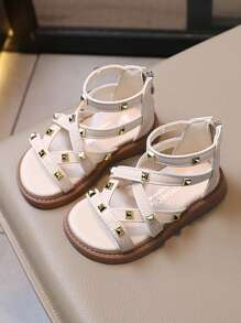 1 双儿童女童时尚平底凉鞋，夏季儿童罗马鞋带金属扣公主鞋 - 白色 - 查看 1