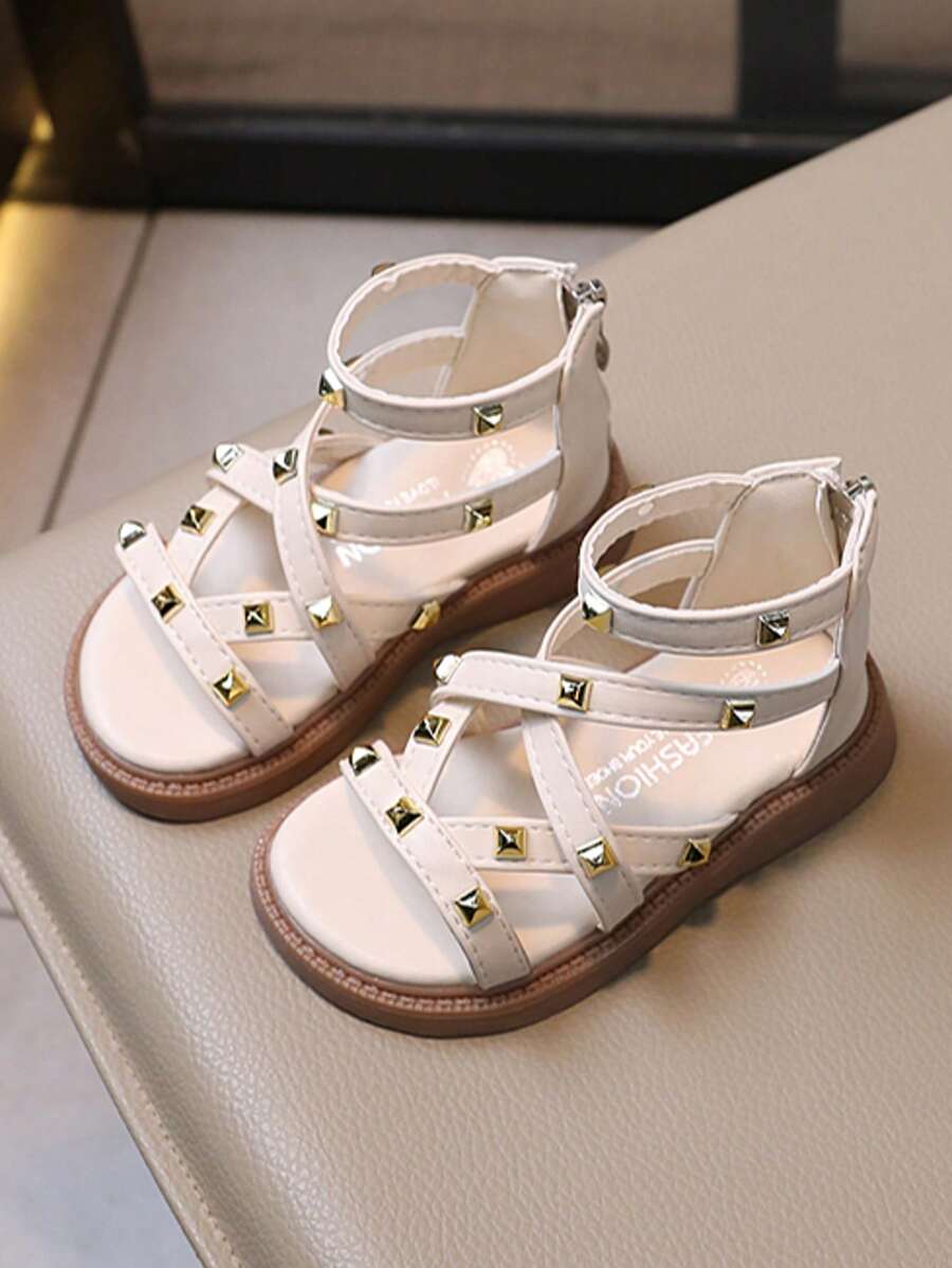 1 双儿童女童时尚平底凉鞋，夏季儿童罗马鞋带金属扣公主鞋 - 白色 - 查看 1