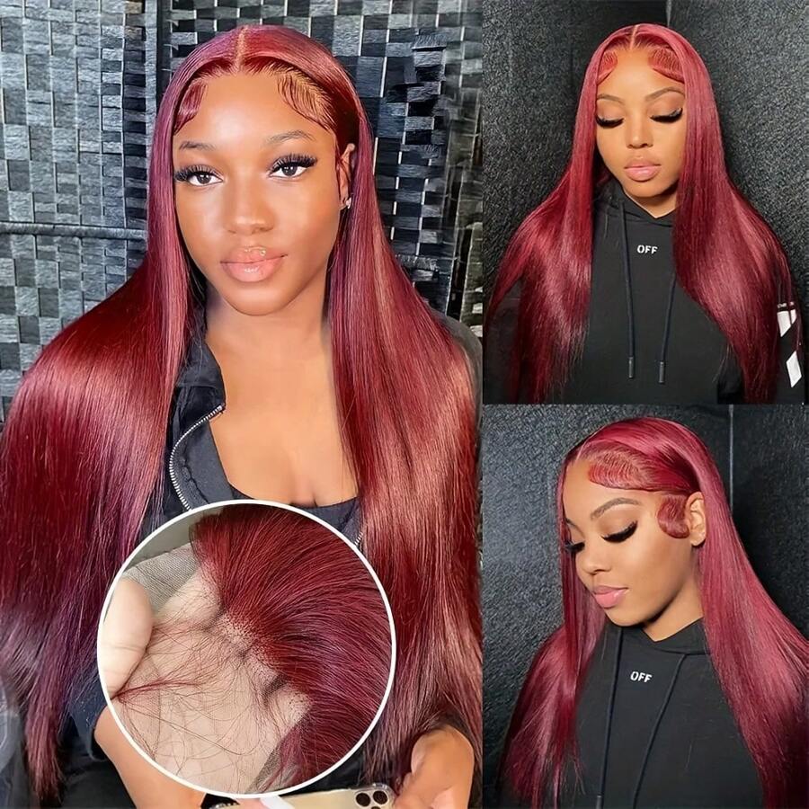 13x4 Straight 99J Red Color Burgundy Human Hair Wigs Glueless Wig Human Hair 200% Density Lace Front Wig With Baby Hair 22-36 Inch - 酒紅色 - 查看 1