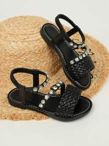 2025 Summer New Girls' Sandals Fashion Casual Beach Woven Leaky Toe Comfortable Breathable Flat Girls Shoes - Black - View 5