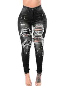 Vaqueros lavados con rotos de cintura alta para mujer, elásticos y ajustados - Negro - Ver 7