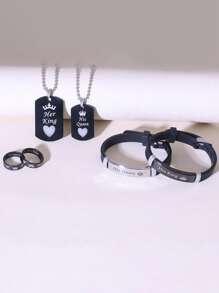 ATLVXJL 6pcs/Set Glow In The Dark Heart I'll Love You Forever Crown Couples Matching Stainless Steel Necklace, Bracelet, Ring Set, Fashion Jewelry, Couples's Commitment Gift, Daily Wear - Multicolor - View 6