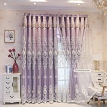 1 Piece Of European-Style Blackout Double-Layer Curtain, 3D Relief Embroidered Flower Yarn, Suitable For Bedrooms, Living Rooms And Other Room Types, Top Hole Ring Processing - Màu tím - Xem 3