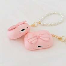 3D Pink Bow Matte Silicone Soft Case Protective Cover For Apple Pro 3/4th Gen, Wireless Earphones, Girlfriend Gift - Pink Big Butterfly + Pearl Tag Chain - View 9