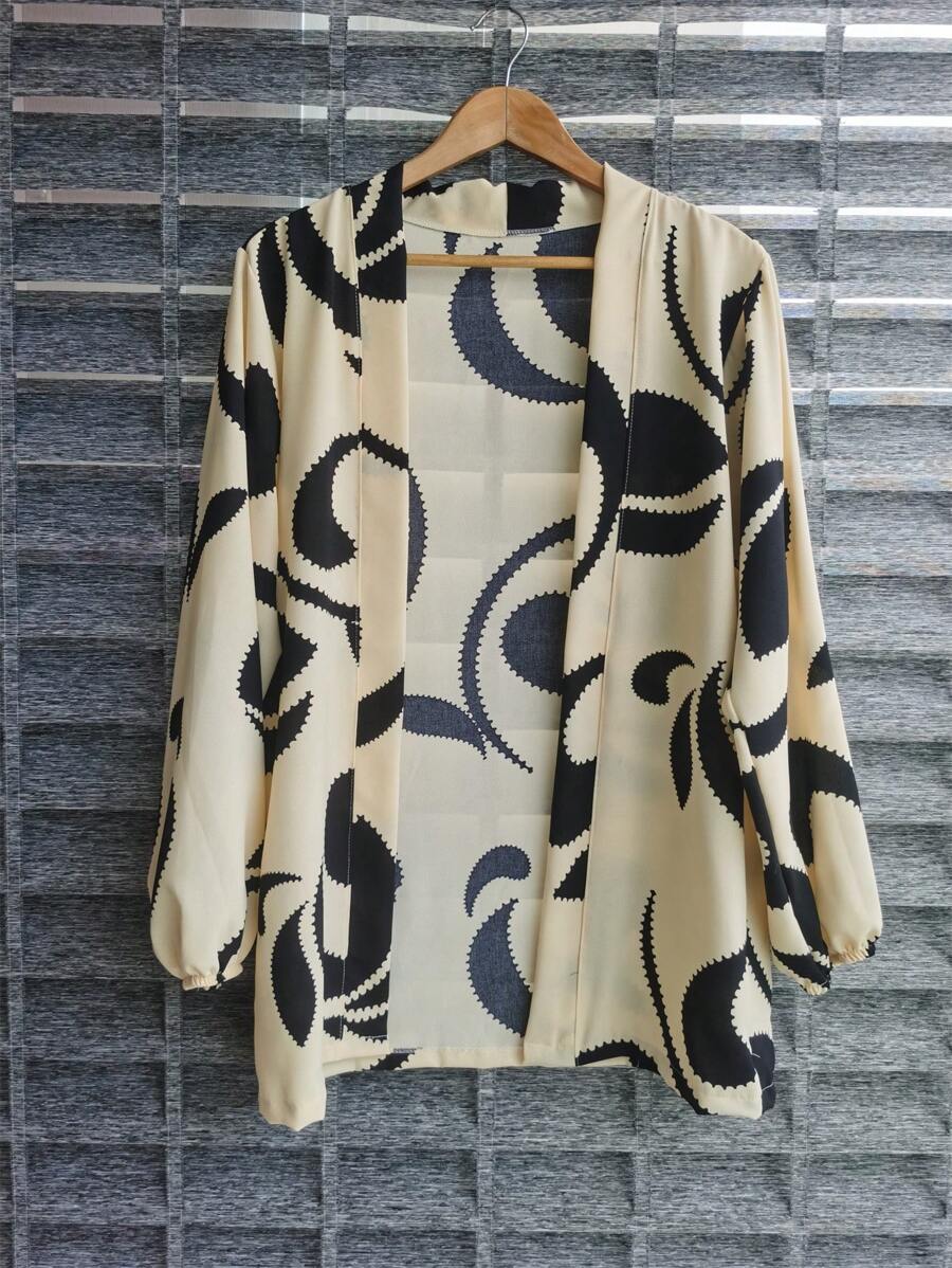 Women's Kimono Blouse Cardigan Kimono Dune Beach Cover-Up New Year Red And Yellow - 印花米黑 - 查看 1