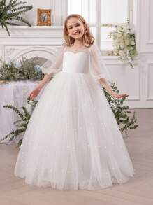 Tween Girl White Handmade Beaded Bow Tulle Elegant Christmas Party Dress, Princess Dress Suitable For Girls Birthday Party, Teenage Prom Party Dress, Flower Girl Wedding Bridesmaid Gown, Thanksgiving, Graduation Outfit