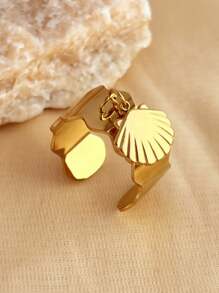 INS风格不锈钢吊坠戒指，贝壳元素不锈钢首饰，女士不褪色，小众，高端，轻奢，金色开口戒指，女士日常派对配饰，时尚首饰，闺蜜礼物 - 彩色 - 查看 9