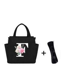 White Letters A~Z Printed With Flowers Lunch Bag For Women Men,With A Black Cutlery Storage Bag, Leakproof Insulated Soft Large Lunch Cooler Bag - Reusable Lunch Bag ,Solid Color Tableware Storage , Leak-Proof Portable Fabric Tableware Bag