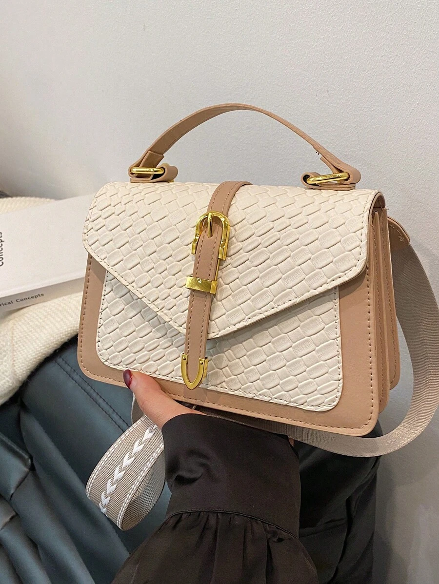 Patchwork Color Block Handbag, Women 2025 New Fashion Shoulder Crossbody Vintage Small Square Bag, Exquisite Tote Bag - White - View 1