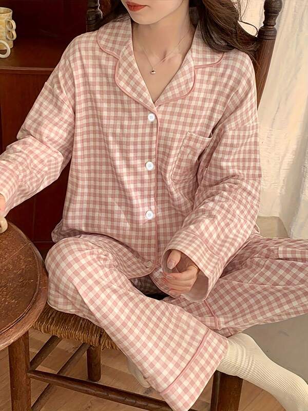 2pcs Women Long Sleeve Top And Pants Pajama Set, Casual Loose Fit Homewear With Lapel, Comfortable For Home And Outings, Suitable For Spring, Summer, Autumn And Winter