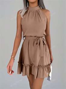 Vestido casual de cuello halter con cintura atada, volantes en el bajo y unicolor caqui para primavera/verano