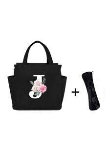 White Letters A~Z Printed With Flowers Lunch Bag For Women Men,With A Black Cutlery Storage Bag, Leakproof Insulated Soft Large Lunch Cooler Bag - Reusable Lunch Bag ,Solid Color Tableware Storage , Leak-Proof Portable Fabric Tableware Bag