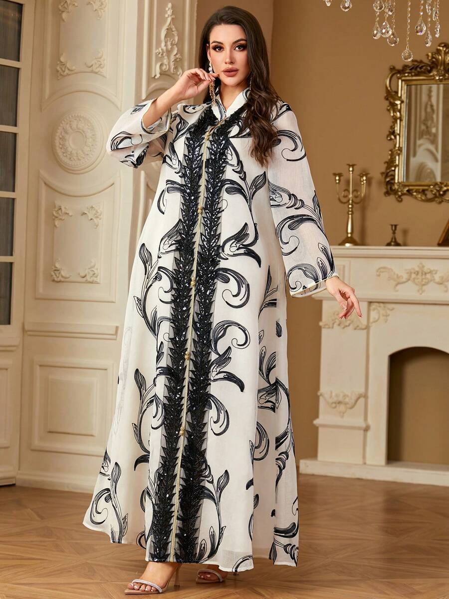 Simple Patchwork Muslim Dress With Heavy Embroidery & Sequins, Arabic Style Clothing - White - View 1