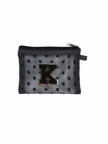 1 pieza Bolsa de malla transparente con forma de corazón linda, Mini bolsa de almacenamiento - Toalla con inicial bordada de la A a la Z, Bolsa cosmética portátil multifuncional para viajes, Bolsa de almacenamiento para maquillaje, cuidado de la piel y lápiz labial, Bolsa de cremallera de malla, Organizador de maquillaje para viajes