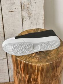 Women's White Casual Canvas Slip-On Sneakers With Lace Decor, Round Toe, Flat Sole, Spring/Autumn - Black - View 8