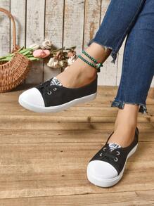 Women's White Casual Canvas Slip-On Sneakers With Lace Decor, Round Toe, Flat Sole, Spring/Autumn - Black - View 5