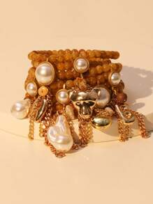 1pc Stacking Faux Pearl Beaded Bohemian Cactus Pendant Bracelet, Suitable For Ladies, Valentine's Day Gift Valentines,Mom,Mother,Mother's Day,Gift - Gold - View 5