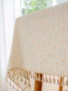 1 chiếc khăn trải bàn tua rua bằng vải lanh polyester đơn giản phong cách Mỹ cổ điển, khăn trải bàn hình chữ nhật chịu nhiệt thích hợp cho nhà bếp, bàn ăn, bàn cà phê, tủ tivi, tụ họp tại nhà, dã ngoại ngoài trời - Màu be - Xem 5