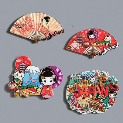 1pc Resin Japanese Singer Fan Shaped Refrigerator Magnet Souvenir, Travel Memento With Sumo, Snowy Mountain, Daruma, Sakura, Maneki-Neko Cat, 3D Home Decor, Meaningful Creative Gift