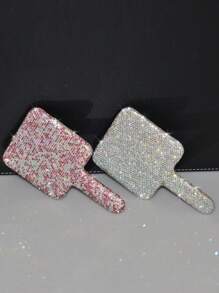 1pc Rhinestone Series, Diamond-Studded Heart-Shaped/Round/Square Mirror, Portable Handle Mirror, Makeup Handheld Mirror, Cute Small Mirror, Hand-Held Mirror